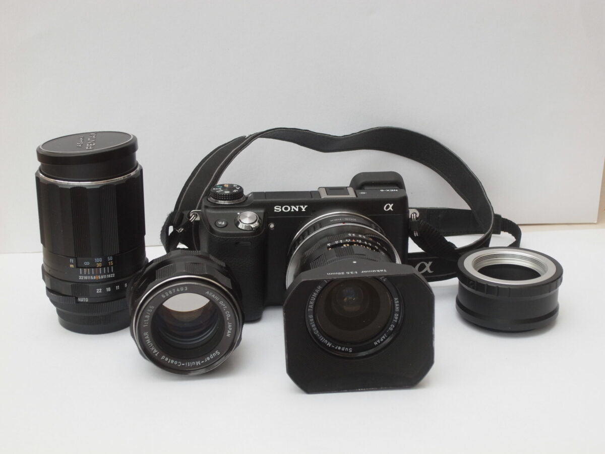 A Sony Nex 6 mirrorless camera with Takumar prime lenses