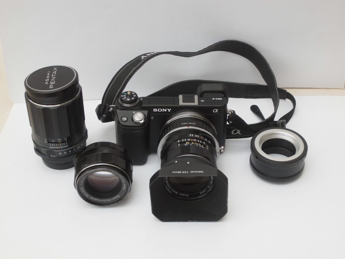 A Sony Nex 6 mirrorless camera with Takumar prime lenses
