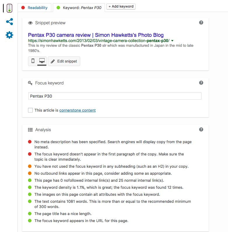 Yoast SEO analysis