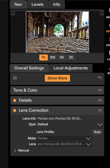 ON1 Photo Raw Lens Correction panel